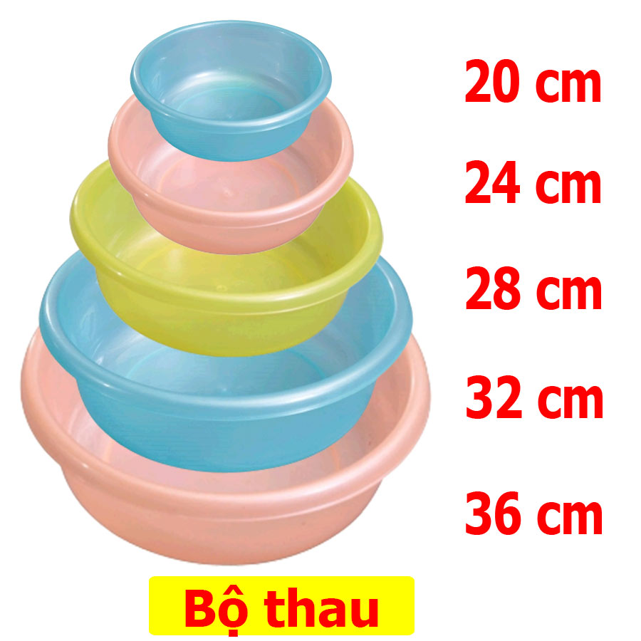 Bộ 5 thau đủ size 20-24-28-32-36cm. Thau nhựa đựng rau củ, rửa đồ dùng , thau nhựa giá tốt- Giao màu ngẫu nhiên