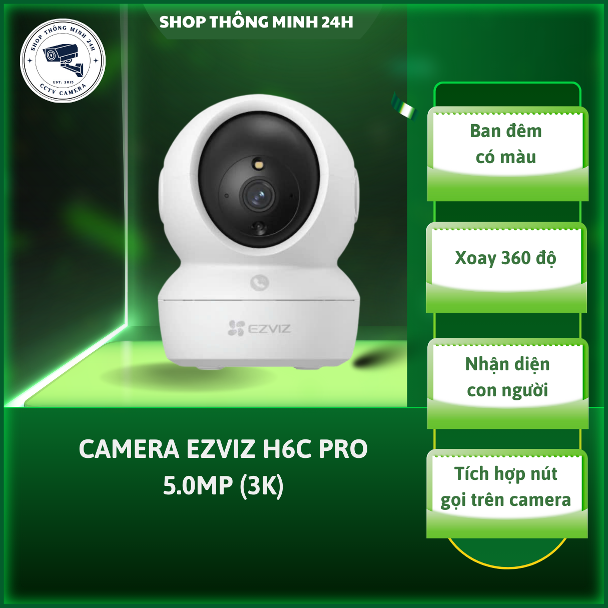 Camera Ezviz H6C Pro 5MP / 3MP - Độ Phân Giải 3K/2K, Xoay 360 độ, Có Màu Ban Đêm, Có Tích Hợp Nút Gọi Trên Camera