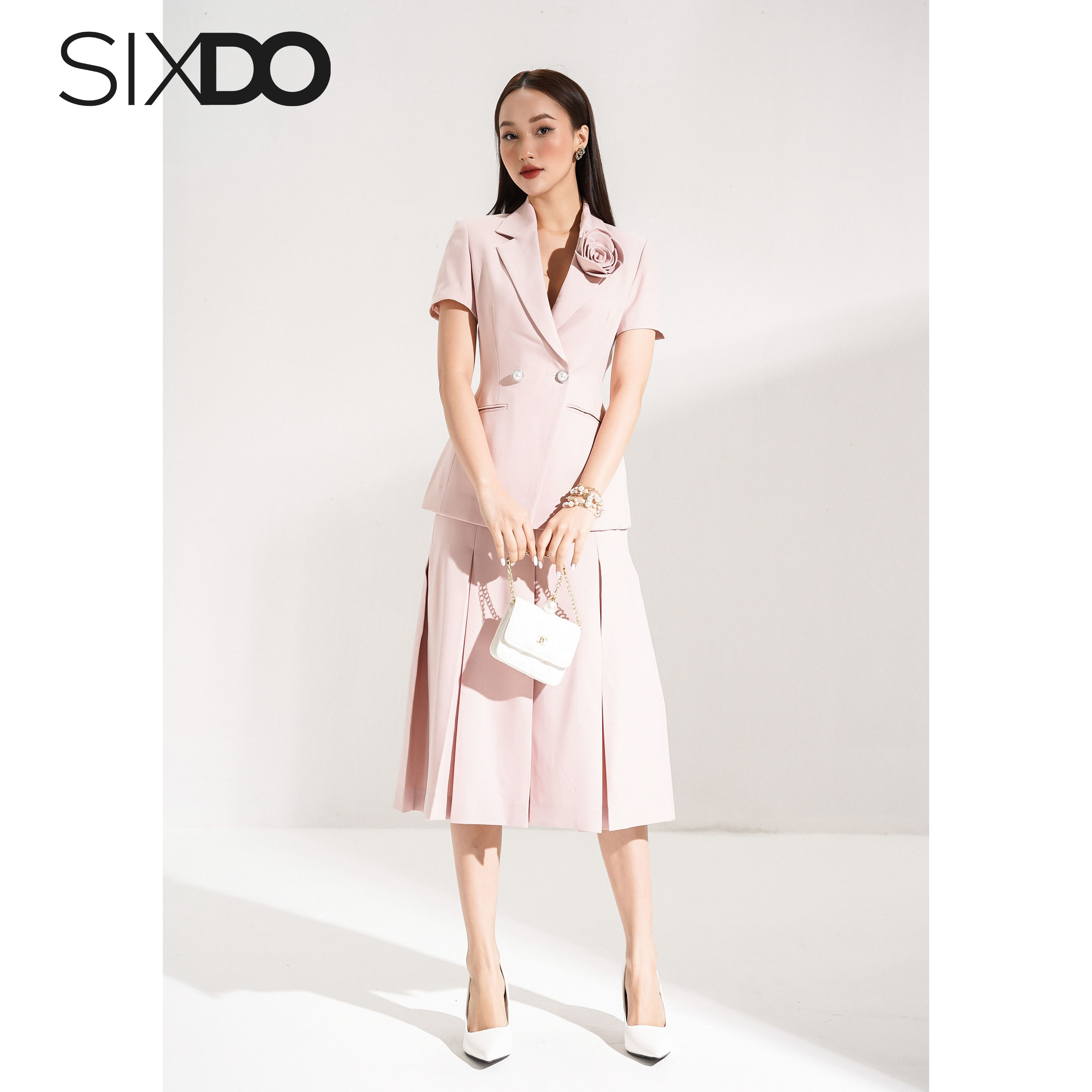 Chân váy tuýp xi hồng xếp ly SIXDO