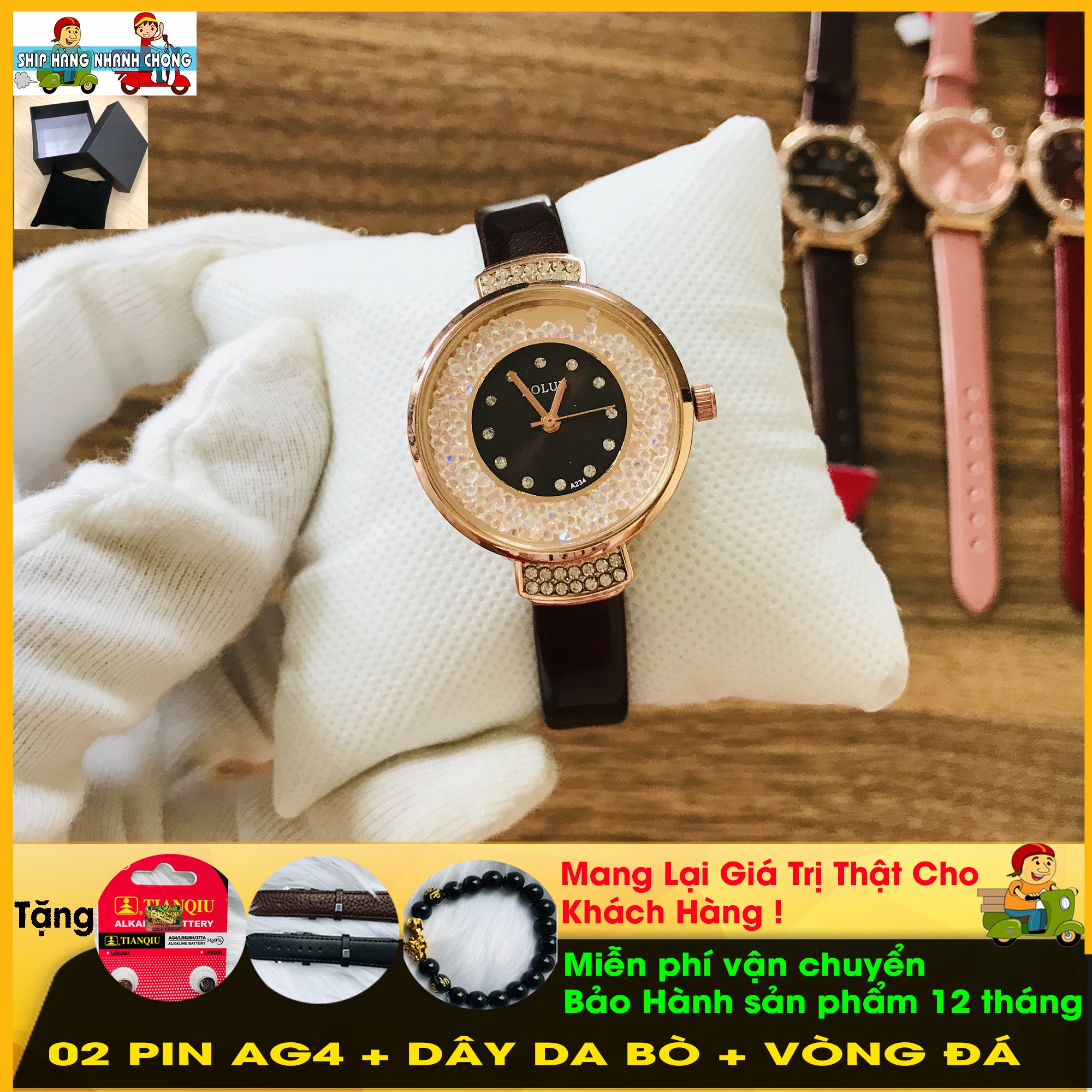 Đồng hồ nữ nhãn hiệu B O L U N, dây da, viền đính đá không bong tróc, đồng hồ thời trang, dây da màu đen sang trọng