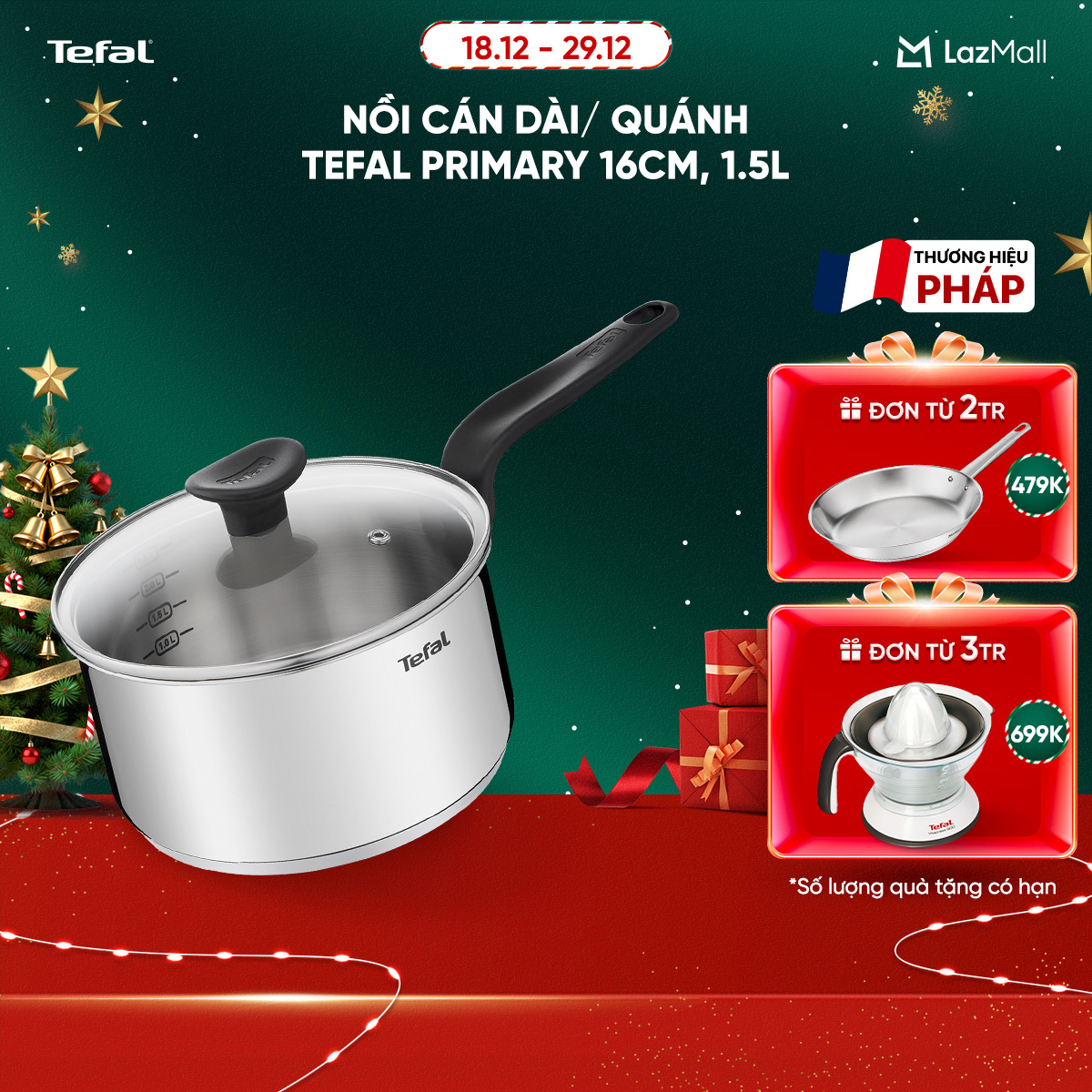  DEAL RẺ CHẠM SÀN MUA LÀ CÓ QUÀ  SỐ LƯỢNG CÓ HẠN  Nồi cán dài  quánh Tefal Primary 16cm 