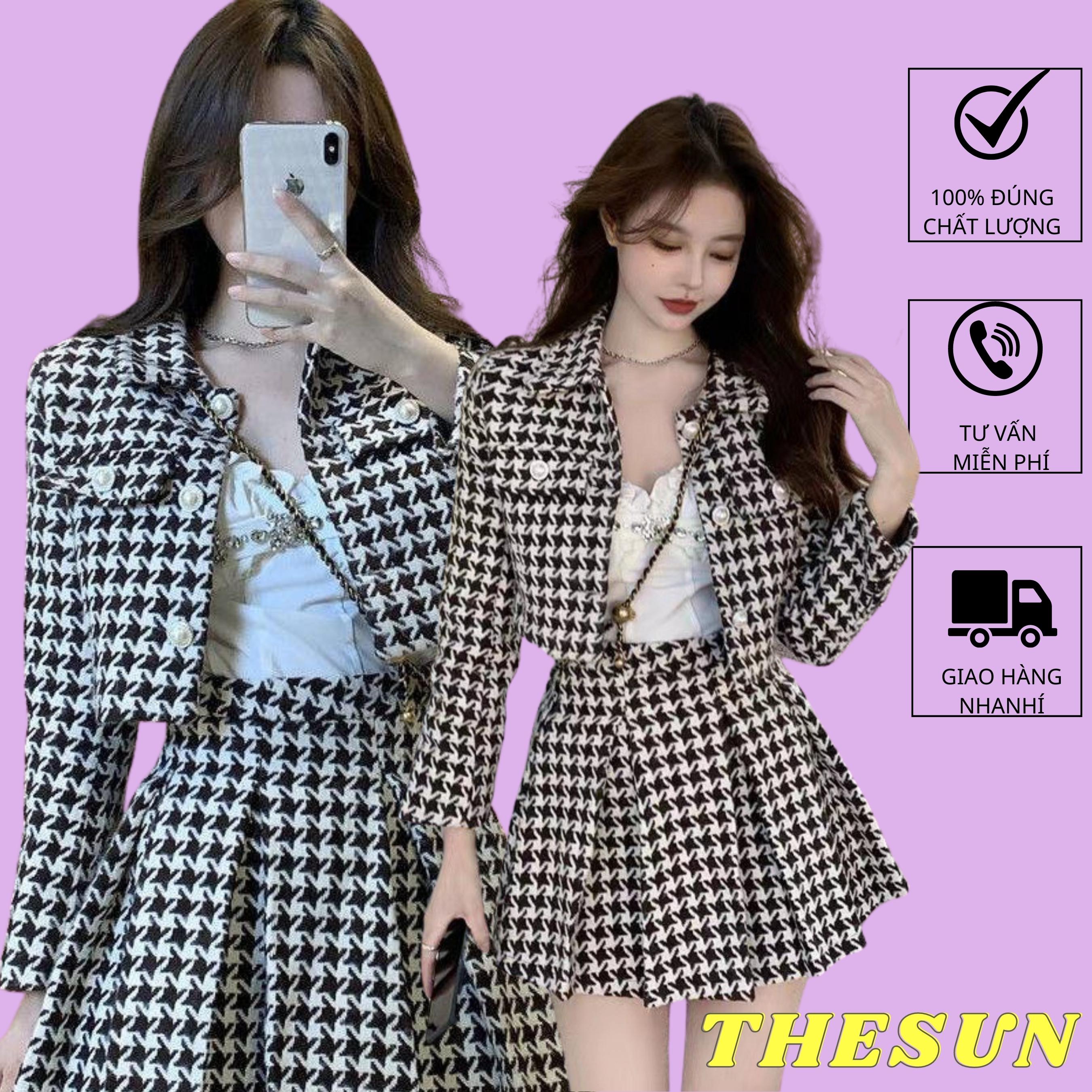 Sét dạ kẻ áo dáng croptop + chân váy xòe, sét dạ phong cách tiểu thư siêu xinh ld175