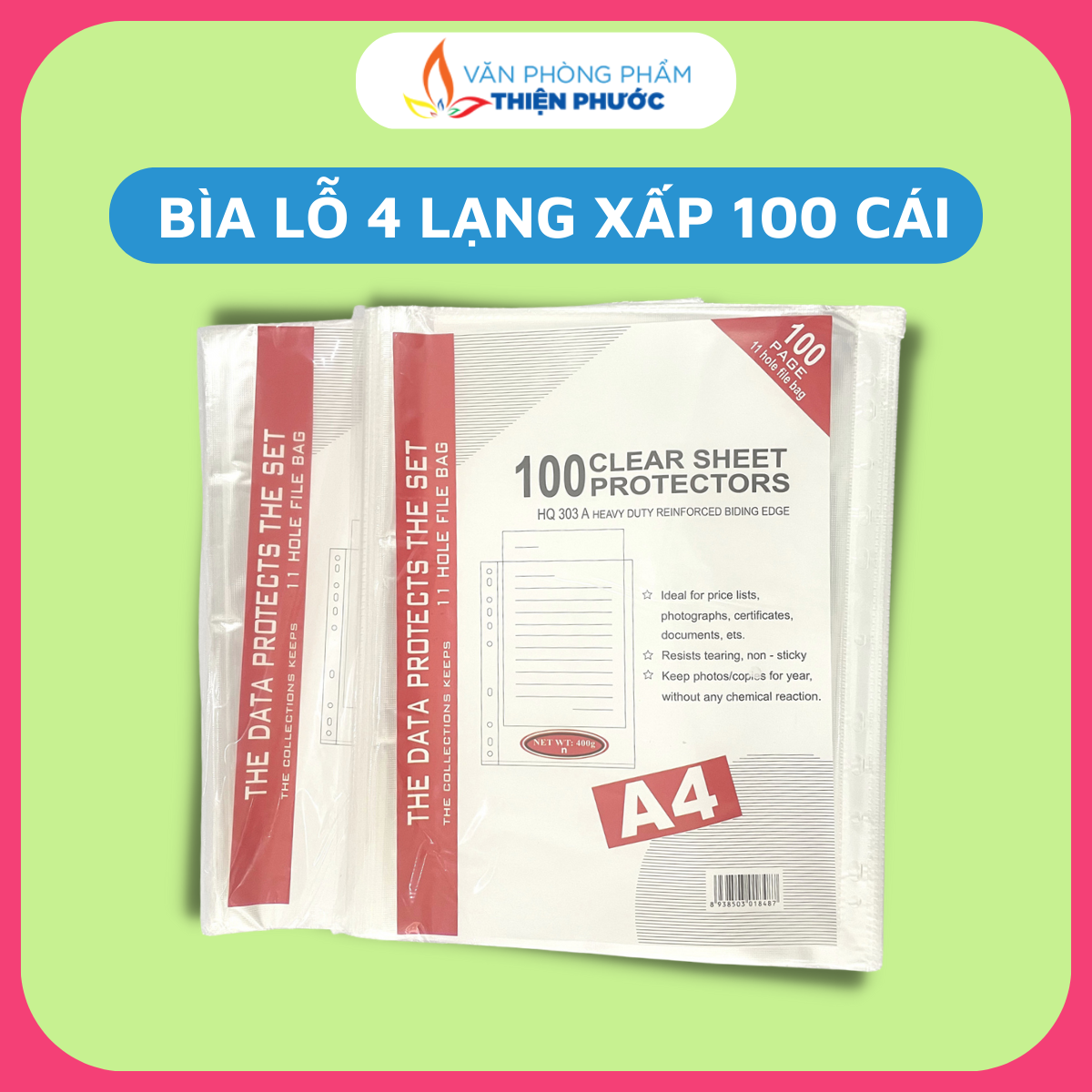 Bìa lỗ 4 lạng file a4 nilong đựng hóa đơn xấp 100 tờ thiện phước
