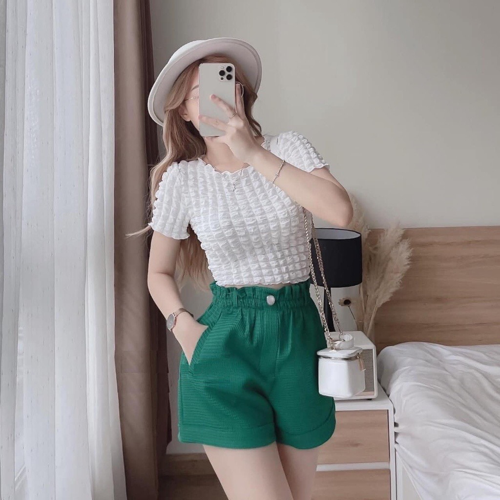 Áo Thun Nữ Croptop Ôm body Nhăn Xốp Sang Chảnh