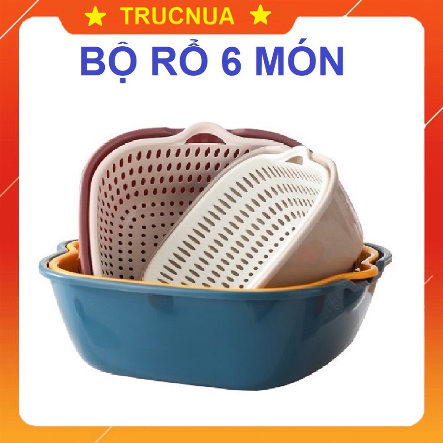 Set 6 món thau rổ nhựa đựng rau củ quả, thực phẩm có tay cầm và lỗ thoát nước bằng nhựa PP cao cấp