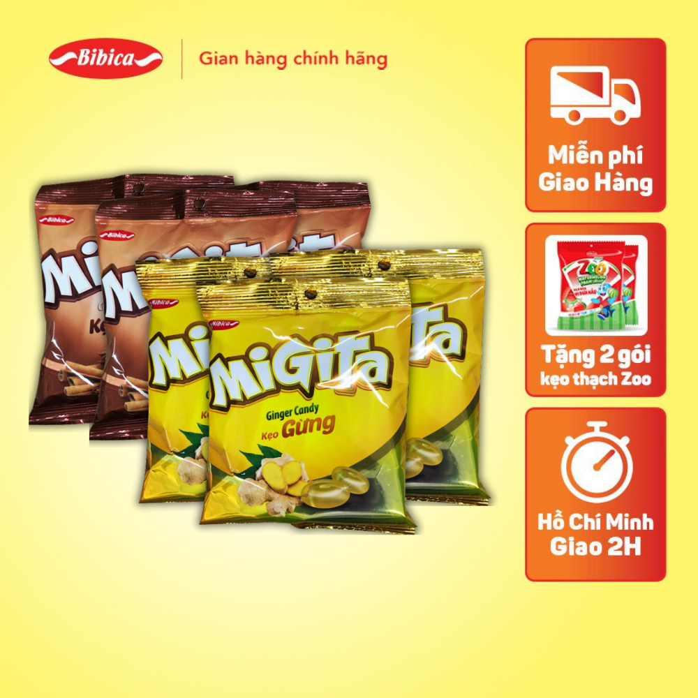 Combo mix 6 kẹo cứng migita gừng và quế bibica 70g