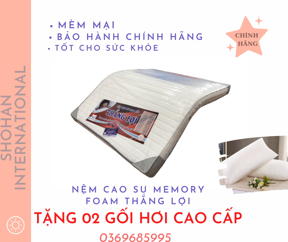 [HCM]NỆM 1m4 x 2m x 10cm CAO SU MEMORY FOAM THẮNG LỢI  VIỀN MÀU TRẮNG CAO CẤPTặng 2 gối hơi