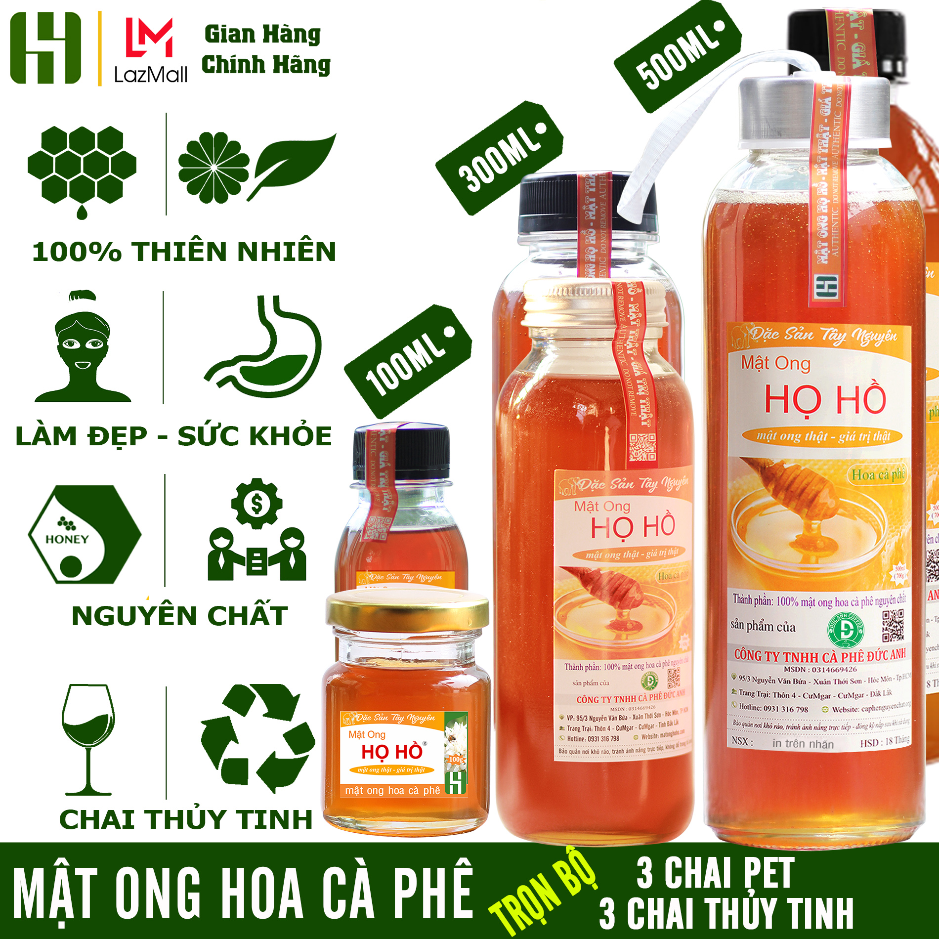 Trọn bộ 6 Chai Mật Ong Hoa Cà Phê Họ Hồ (100G+100ML+2x300ML+2x500ML) - Hỗ trợ tiêu hóa, tăng cường sức đề kháng, làm đẹp - mật ông Họ Hồ - mật thật giá trị thật
