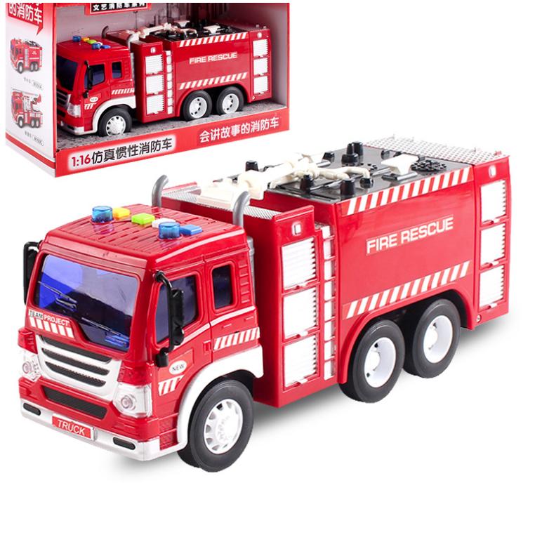 Quà tặng đồ chơi xe cứu hỏa vòi phun tỉ lệ 1:16 xe chạy đà có âm thanh và đèn 6 bánh xe