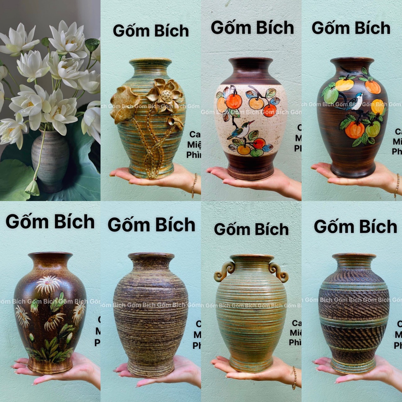 Bình hoa lọ hoa men mộc dáng mai bình thấp để bàn gốm sứ bát tràng - gốm bích