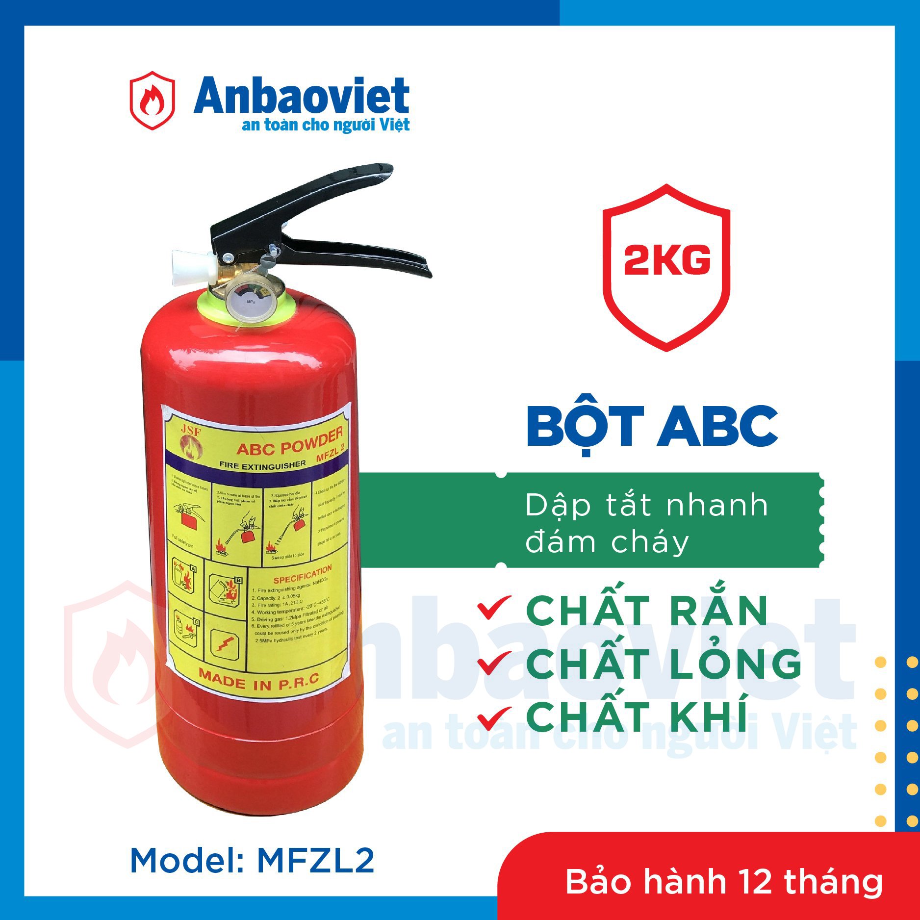 Bình chữa cháy bột ABC 2kg – MFZL2, nhập khẩu chính hãng