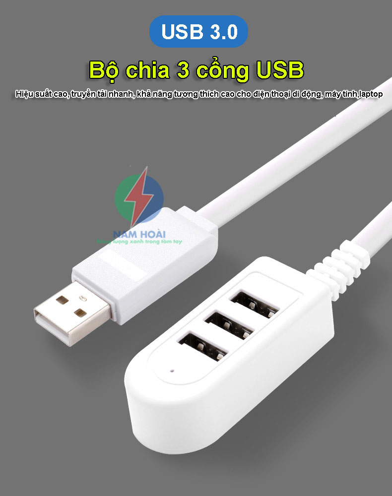 Bộ chia USB 3 cổng sạc USB và truyền dữ liệu dây cáp dài 1.2 mét