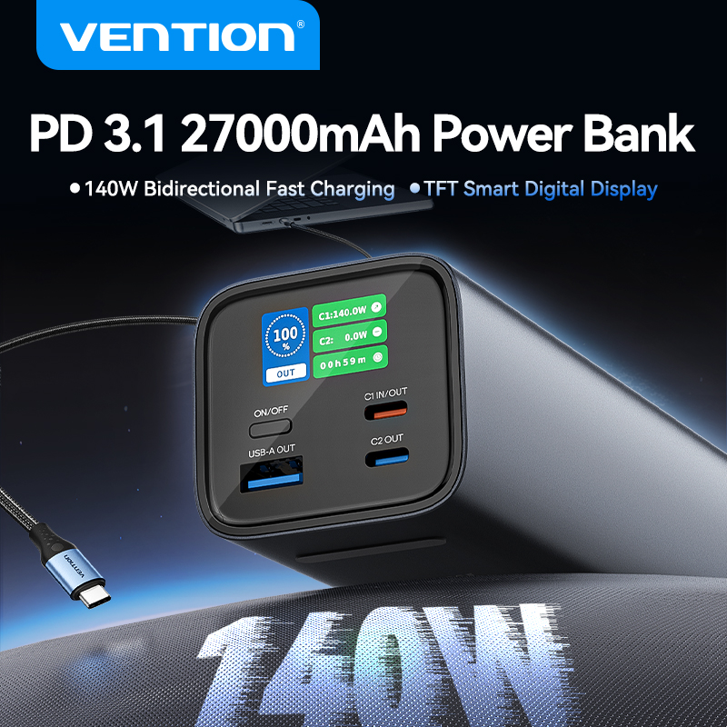 Vention 27000mAh 100W/140W Sạc Dự Phòng - Màn Hình Màu TFT Thông Minh - Sạc Laptop Gaming/Creator - 3 Cổng (2C1A) - Cáp 240W Đi Kèm - Vỏ Nhôm - Hàng Chính Hãng