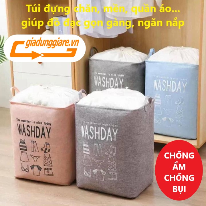 TÚI ĐỰNG CHĂN đa năng Washday vải vintage cỡ lớn đựng chăn mền drap quần áo giỏ đựng có quai xách chống ẩm chống bụi