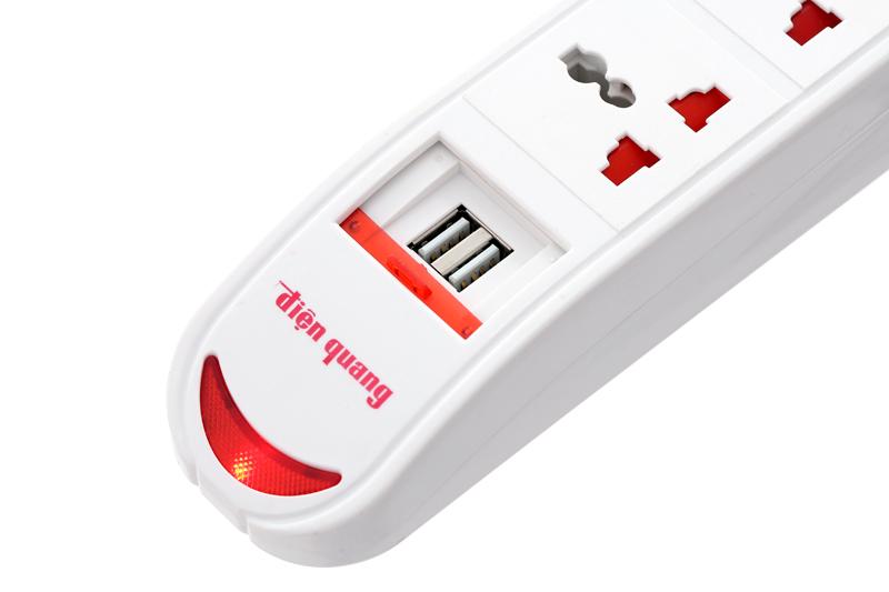 Ổ CẮM 2 CỔNG SẠC USB ĐIỆN QUANG ĐA NĂNG 2W - 5W DBW103USB CÓ NẮP CHE AN TOÀN CHO TRẺ EM ( 2 MÉT & 5 MÉT DÂY )