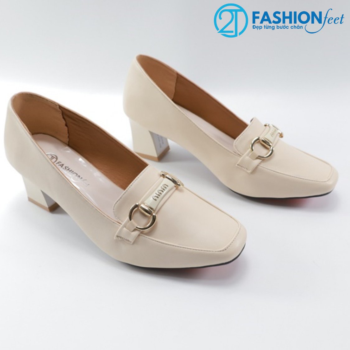Giày cao gót da mờ mũi vuông phối khóa xích chính hãng 2tfashionfeet, gót vuông 5 phân- ha31lđxm