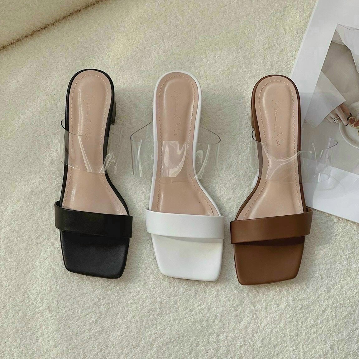 Guốc da mịn pha mica gót trụ bọc da - 5P