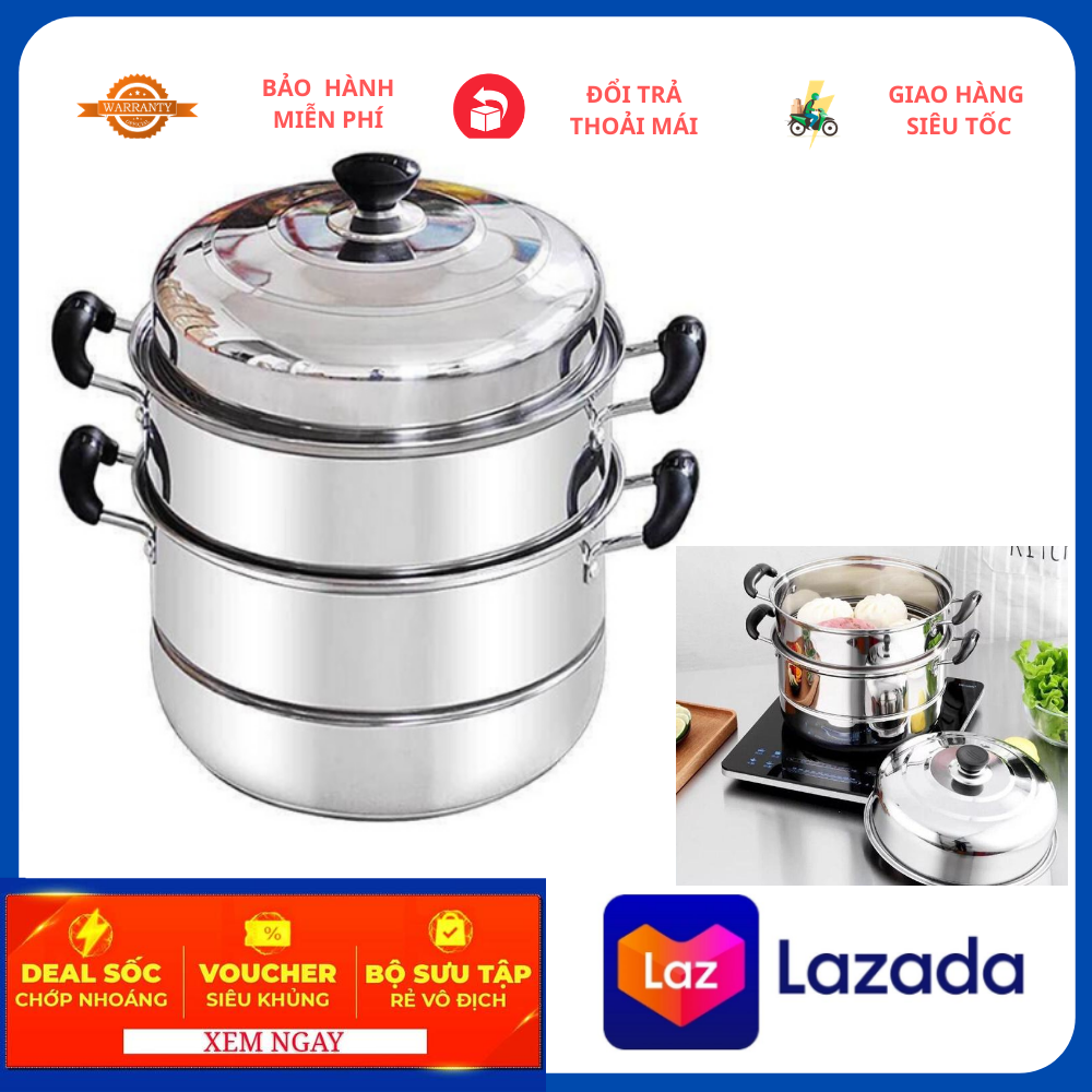 Nồi hấp 3 tầng đường kính 28cm dùng trên mọi loại bếp, Nồi Hấp kiêm nồi luộc gà Inox 3 Tầng - sz 28cm