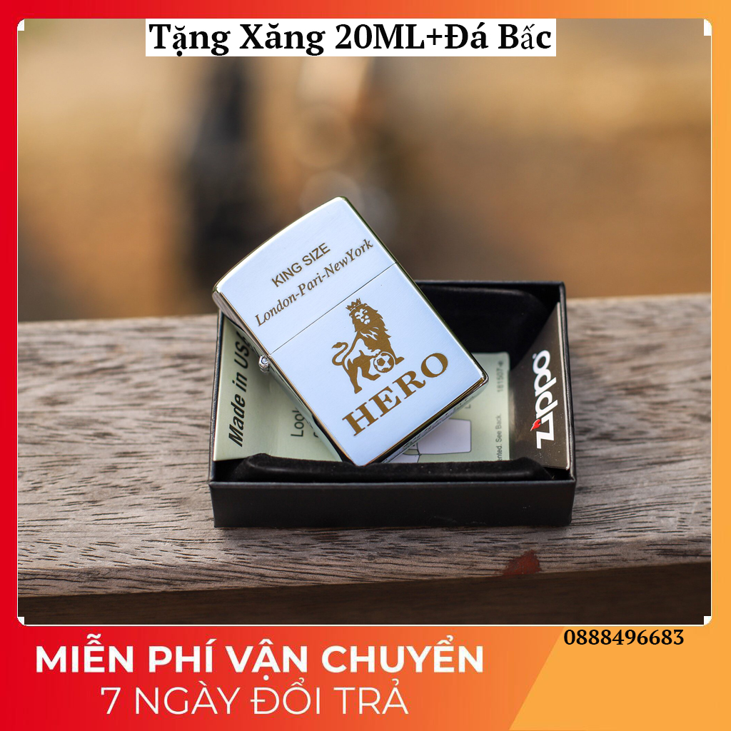Hộp Qụet Zippo USA Khắc Laze HERO BẠC Nhám