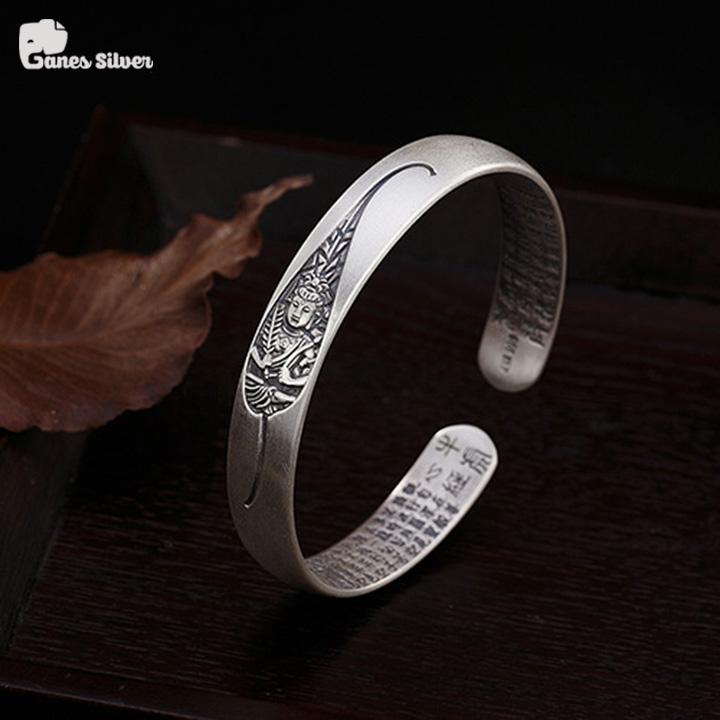 Lắc tay đẹp, lắc tay bạc thái, lắc tay bạc, lắc tay phật hư không tạng khắc bát nhã chất liệu bạc thái cao cấp - ganes silver