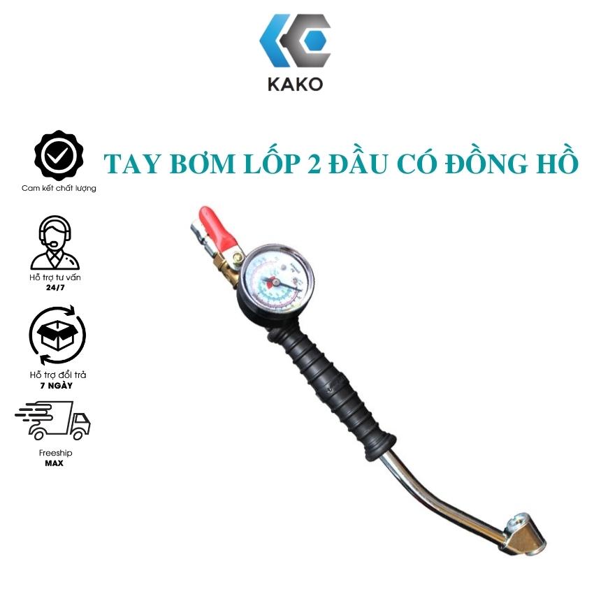 Tay bơm lốp Kako , tay bơm vỏ xe tải 2 đầu cong, xoáy ti van có đồng hồ đo áp suất.