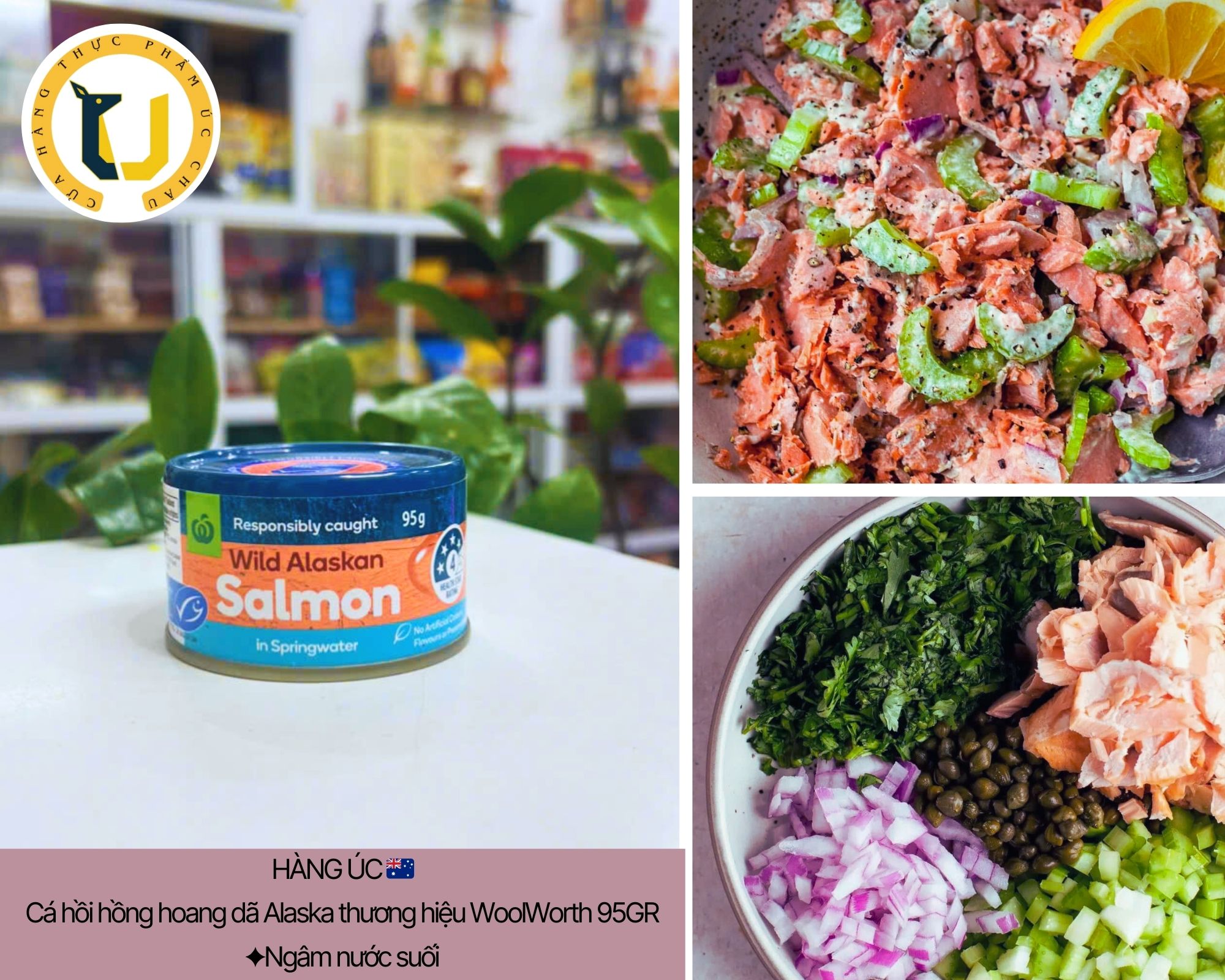 (HÀNG ÚC) Cá hồi hoang dã Alaskan ngâm suối WoolWorth WILD ALASKAN SALMON in springwater hộp 95GR