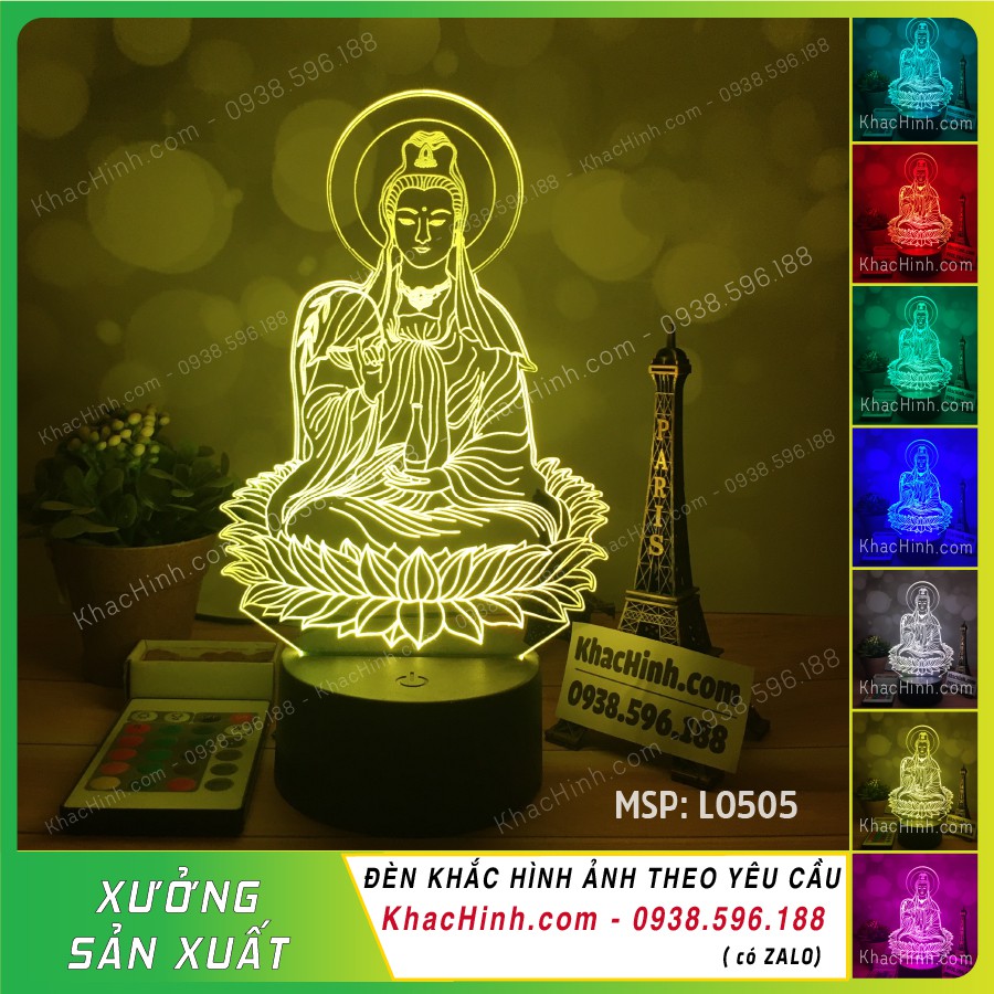 Đèn thờ hình phật mẹ quan âm - đèn phật giáo để bàn thờ sáng đẹp khắc laser mẫu l0505-y có remote thay đổi 16 màu - nhận làm đèn theo yêu cầu, khachinh.com