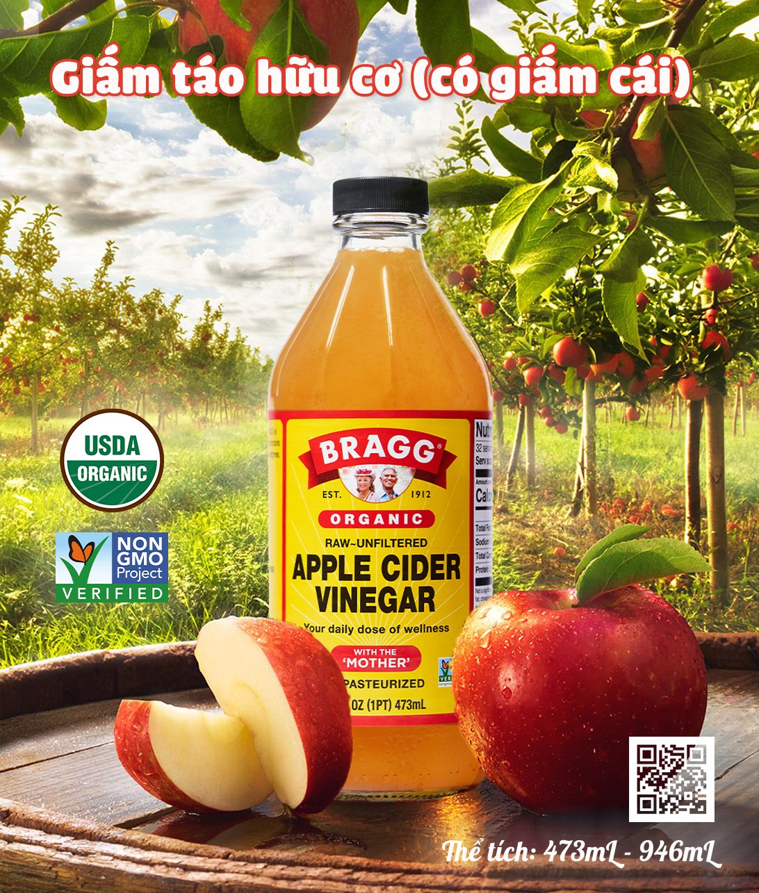 Giấm táo hữu cơ Bragg có giấm cái - Organic Apple Cider Vinegar with mother