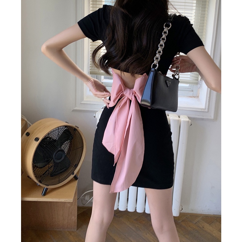 Váy đầm sơmi cổ trụ đen hồng phối nơ lưng - d2038 t4