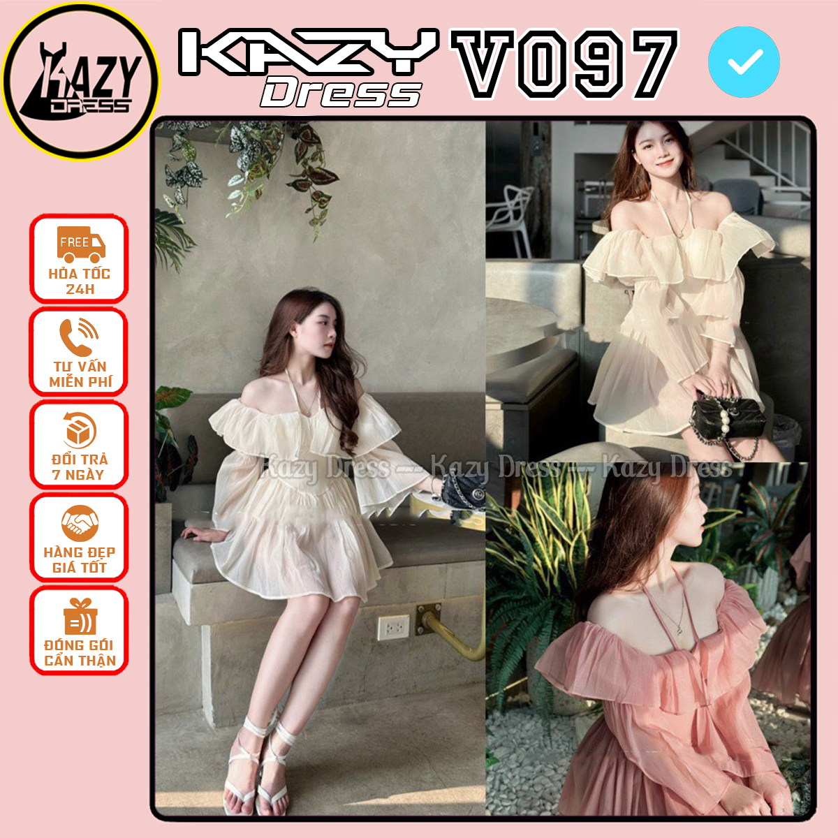 Váy trễ vai bèo dáng xòe tiểu thư, đầm trễ vai buộc dây phối vai bèo kazy dress v097