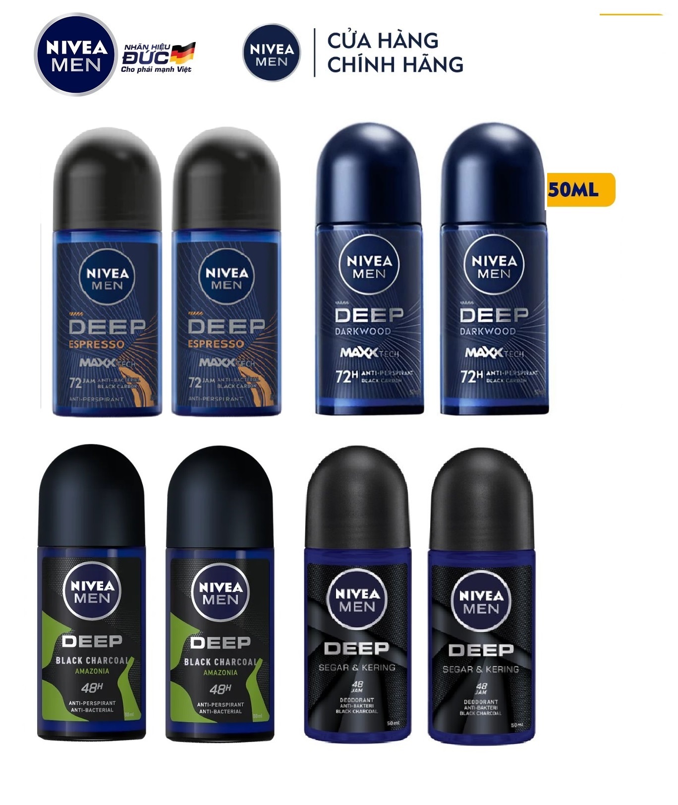 NIVEA MEN Deep Roll-On Deodorant Twin Pack 50ml - Espresso/Dark Wood/Black Carbon