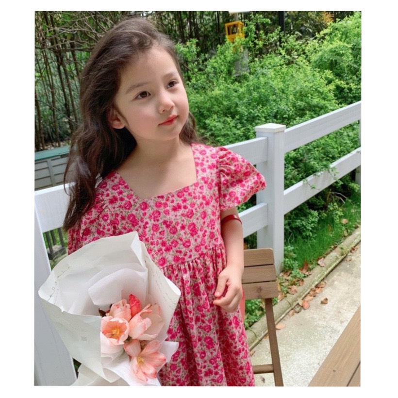 Váy Đầm Cotton Cổ Vuông Tay Phồng Bé Gái BabyBean
