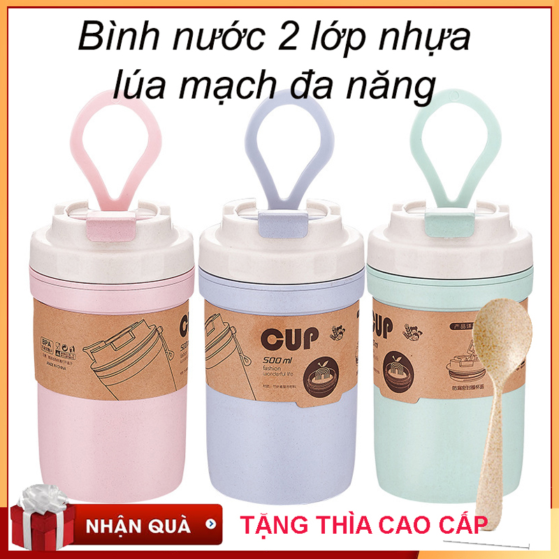 Bình nước- Cốc đựng nhựa lúa mạch dung tích 500ml, có nắp đậy an toàn và tiện lợi- TẶNG KÈM MUỖNG CAO CẤP