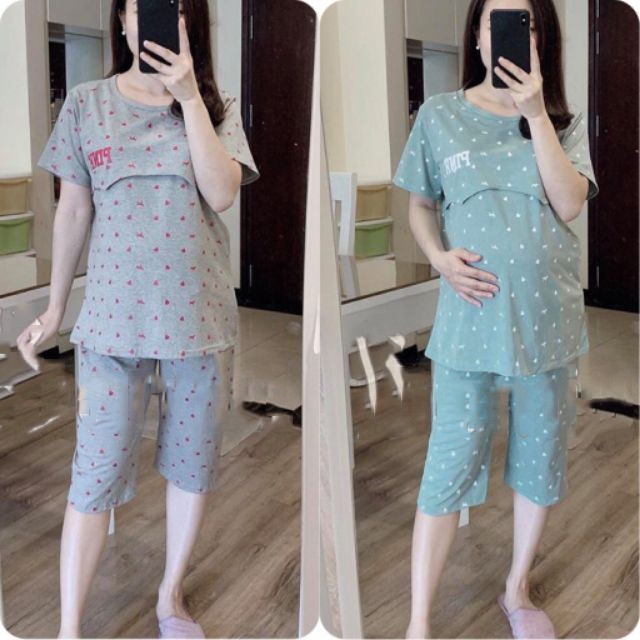 [Hoàn Tiền 6%] Đồ bộ bầu sau sinh Lửng Pink Xuân Hè, chất cotton mềm mát, thiết kế vén ngực cho con bú thuận tiện cho bà bầu