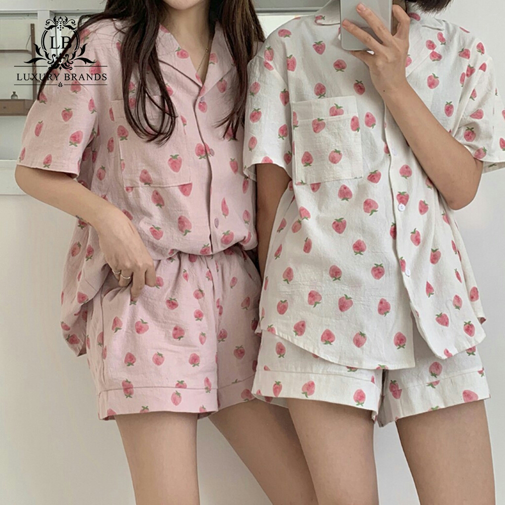 Bộ set ngủ pijama ngắn tay chất đẹp hình dâu tây strawberry dễ thương thời trang ulzzang Hàn Quốc cao cấp loại 1