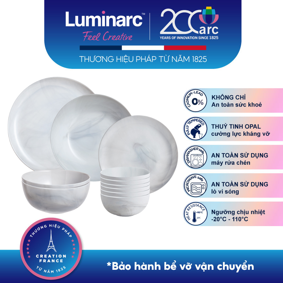 Bộ Bàn Ăn Tô Chén Đĩa Thuỷ Tinh Cường Lực Luminarc Diwali Granit Marble 12ps - LUDIGR12M