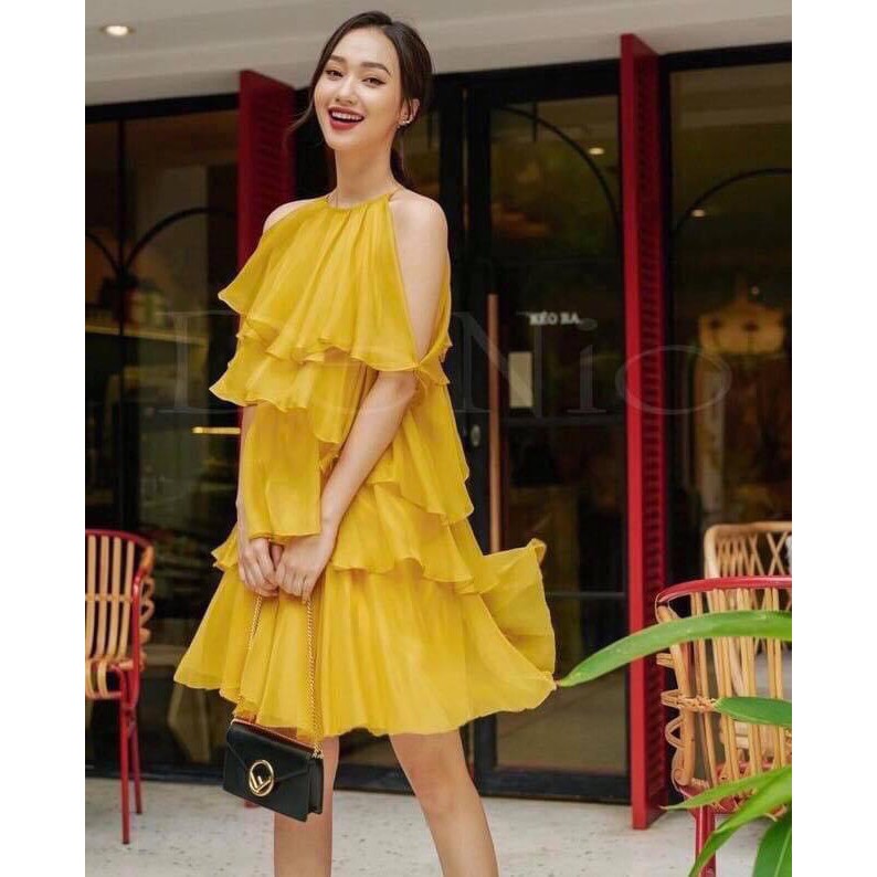 Váy tiểu thư màu vàng chất đũi tre