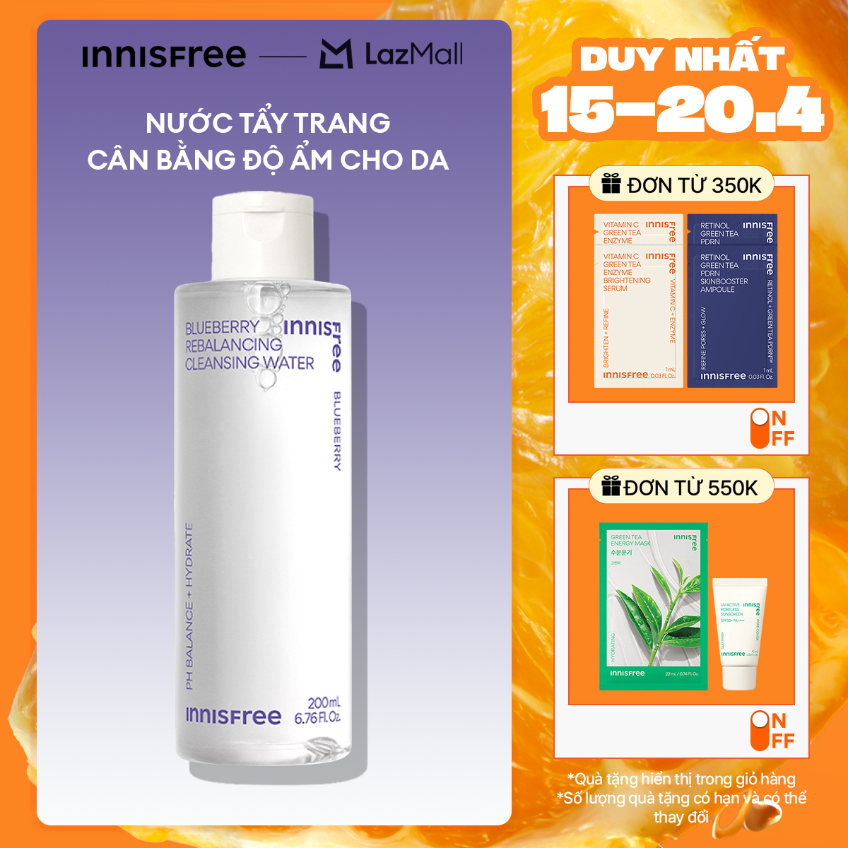 Nước tẩy trang cân bằng giữ ẩm da innisfree Blueberry Rebalancing Cleansing Water 200 mL