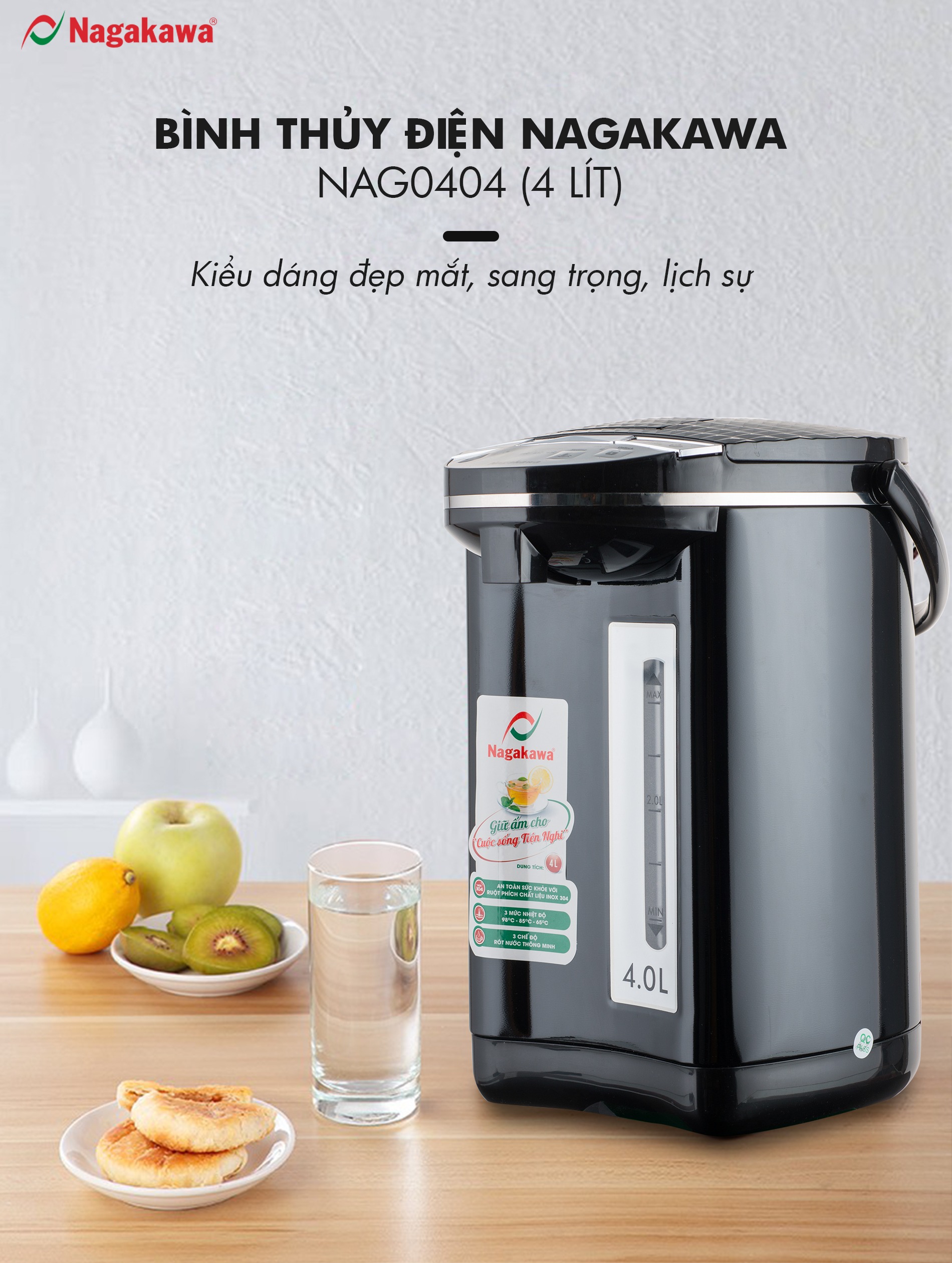 Bình thủy Nagakawa NAG0404 Công suất 750W, đun sôi nhanh, có thang đo mức nước