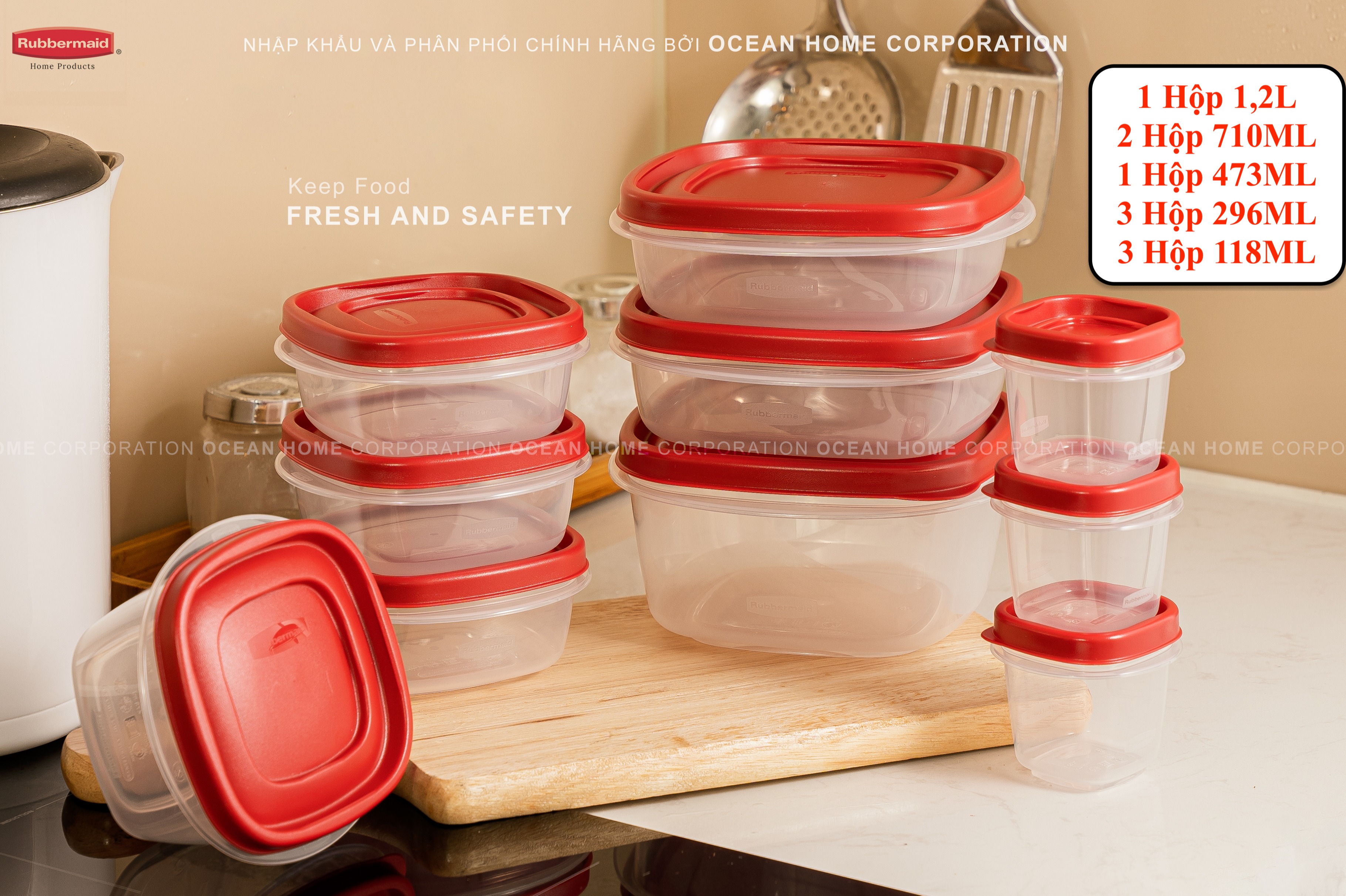 Bộ 10 hộp đựng thực phẩm RUBBERMAID CHÍNH HÃNG có nắp màu đỏ bằng nhựa PP cao cấp