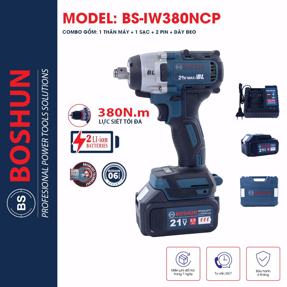 Máy Siết Bulong Boshun 380Nm - Lõi Đồng, Động Cơ Không Chổi Than, Đầu Siết Đa Năng, Pin 10 Cell G02 Bs-IW380NCP