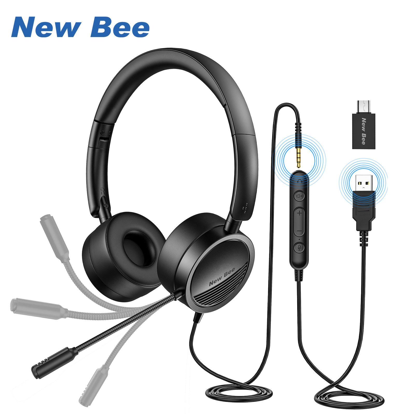 New Bee H360 Tai nghe USB có micrô có giắc cắm 3,5 mm Loại bỏ tiếng ồn Micrô Thoải mái Trọng lượng nhẹ Phong cách doanh nhân cho PC / Laptop Điện thoại di động Android USB Headsets