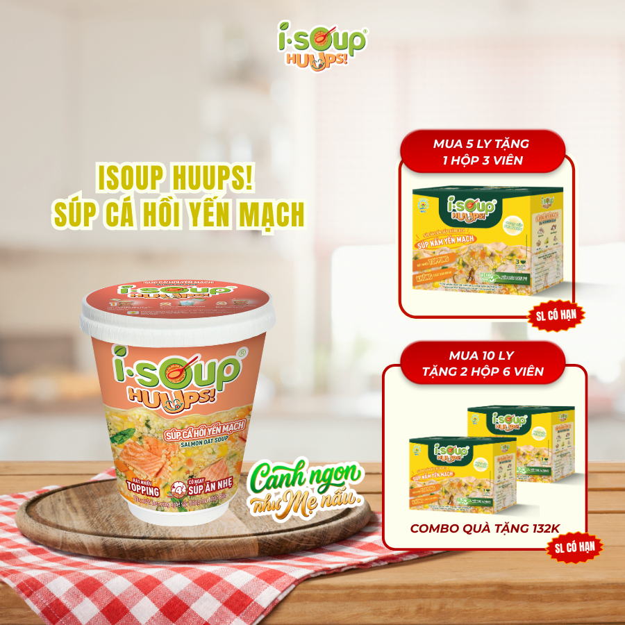 Súp Cá Hồi Yến Mạch Ăn Liền ISOUP HUUPS! Hũ 23G - Súp Ăn Liền Sấy Thăng Hoa