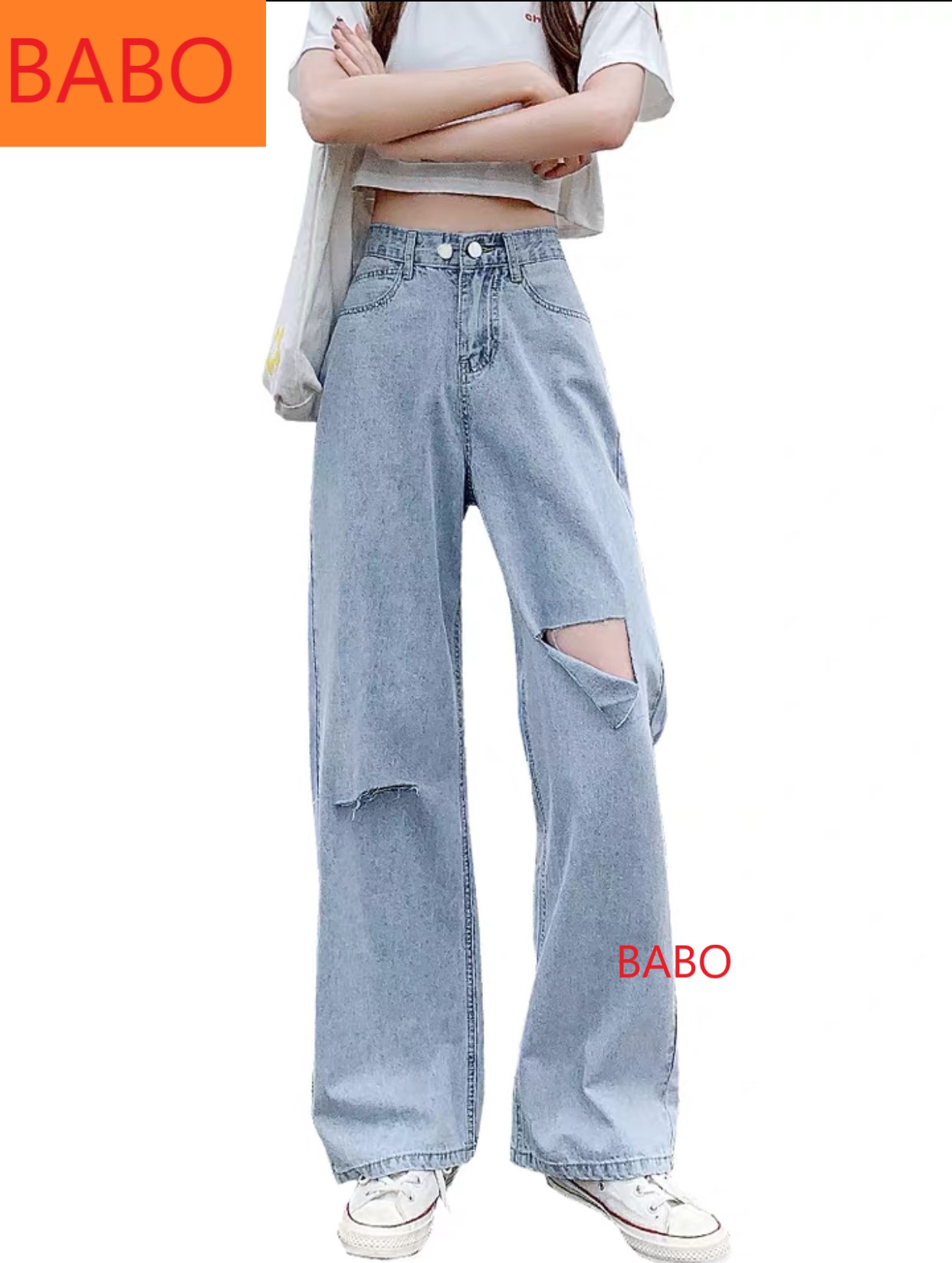 [ VIDEO HÌNH THẬT!! ] QUẦN JEAN NỮ LƯNG CAO KIỂU QUẦN JEAN ỐNG RỘNG NỮ LƯNG CAO BABO MÀU XANH NHẠT LAI CUỐN RÁCH NGANG GỐI PHẢI VẠT ĐÙI TRÁI CỰC CÁ TÍNH PHONG CÁCH THỜI TRANG ĐƯỜNG PHỐ-NY12308