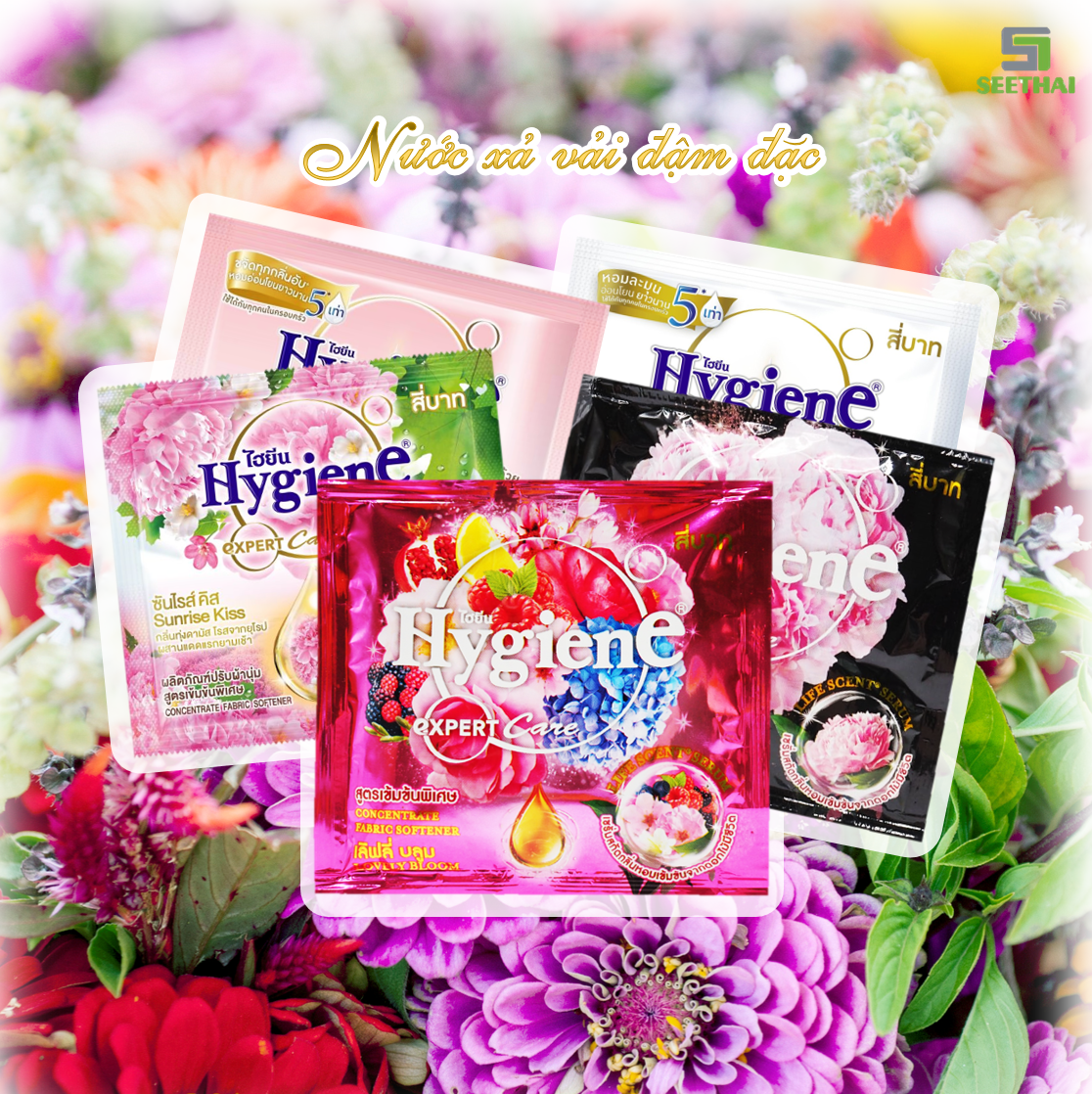 Xả vải Hygiene Thái Lan hương hoa thiên nhiên dây 20ml x 24 túi mềm vải giữ màu vải