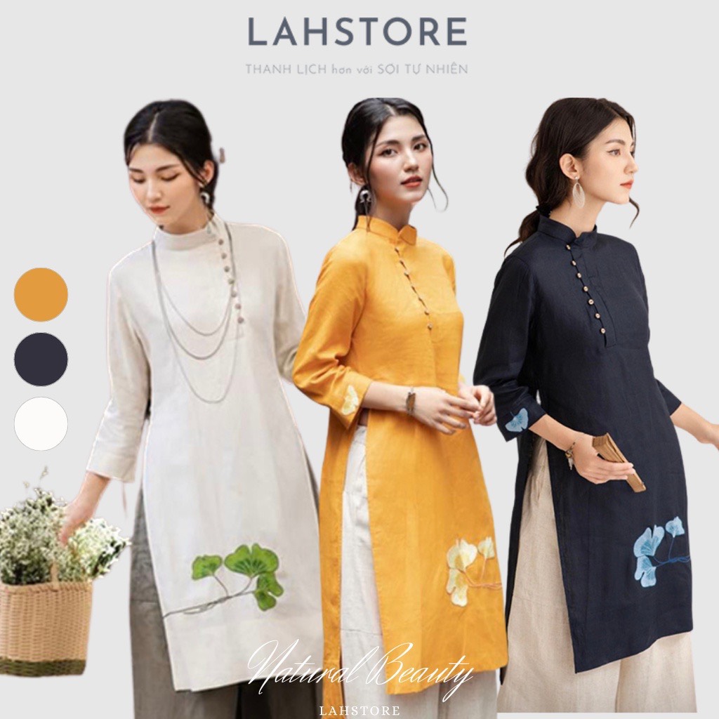 Áo dài cách tân nữ diện tết SLINEN vải linen premium cao cấp, tay lỡ cúc lệch thêu hoa (Trắng, Vàng, Xanh)