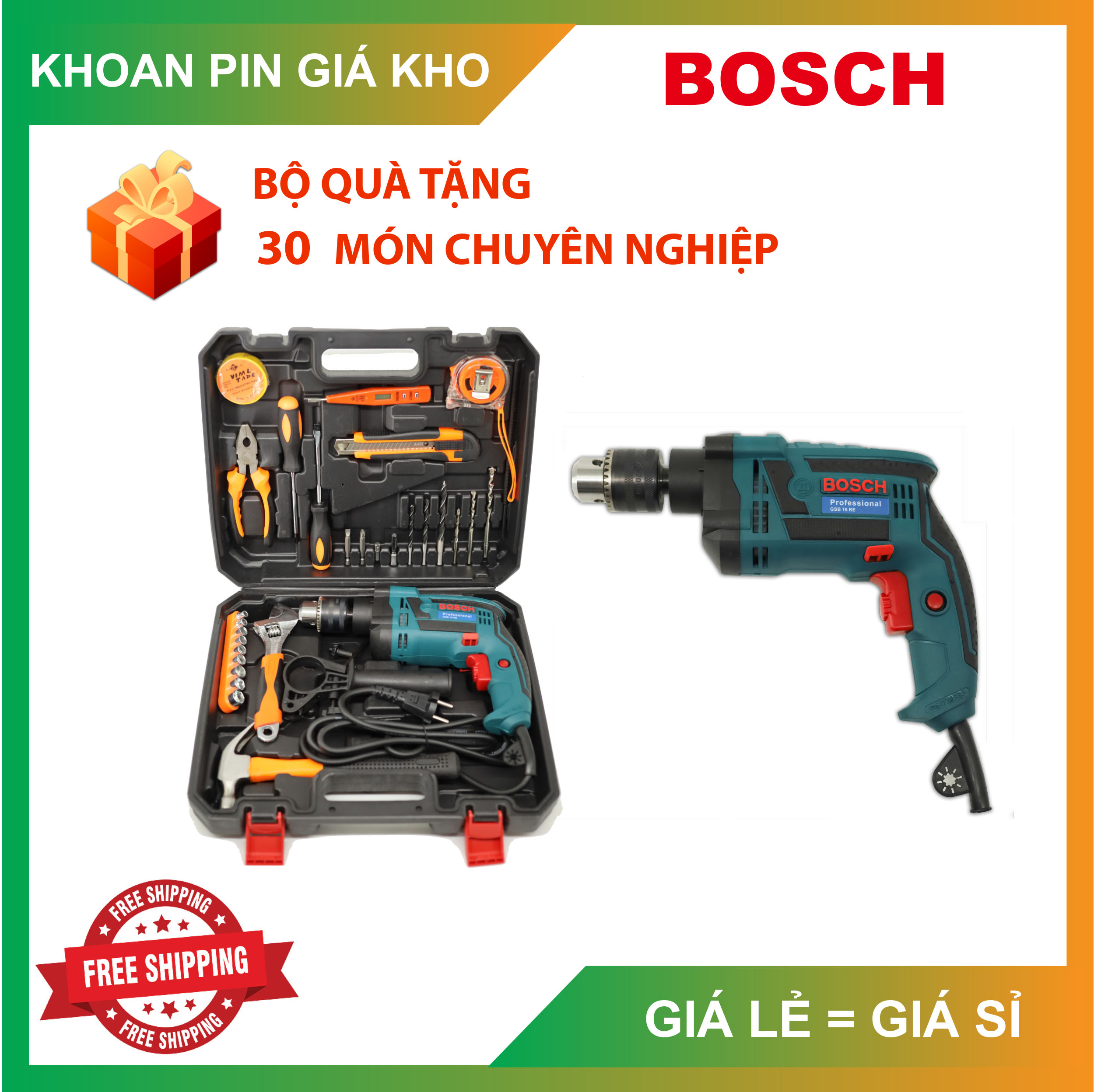 Bộ vali máy khoan bosh 13re + full đồ nghề mới, khoan tường, sắt, gỗ, bắt vít, bắn tôn...