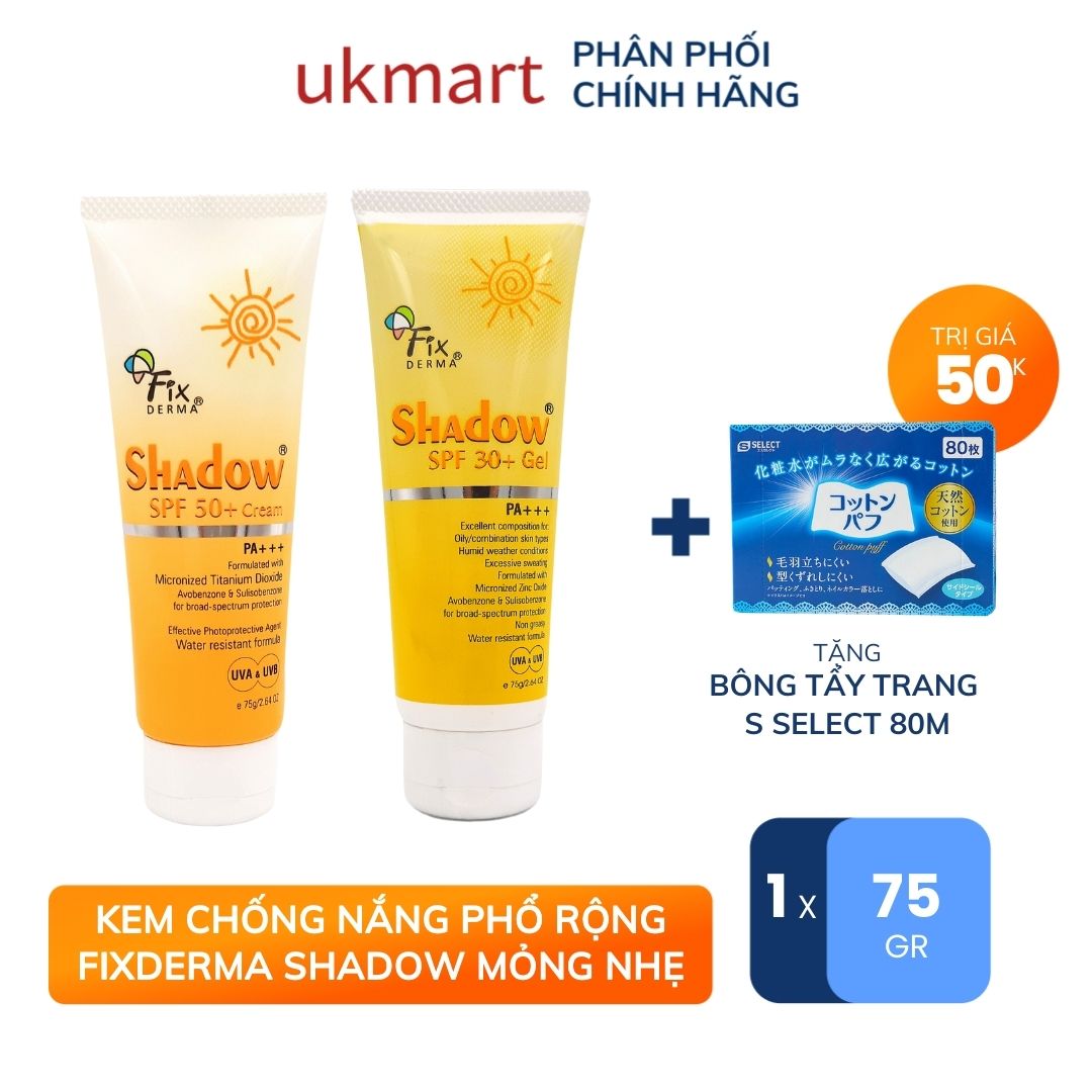 Kem Chống Nắng Phổ Rộng Fixderma Shadow Mỏng Nhẹ Không Gây Bí Da SPF50 Cream SPF 30 Gel Nhập Khẩu Chính Hãng