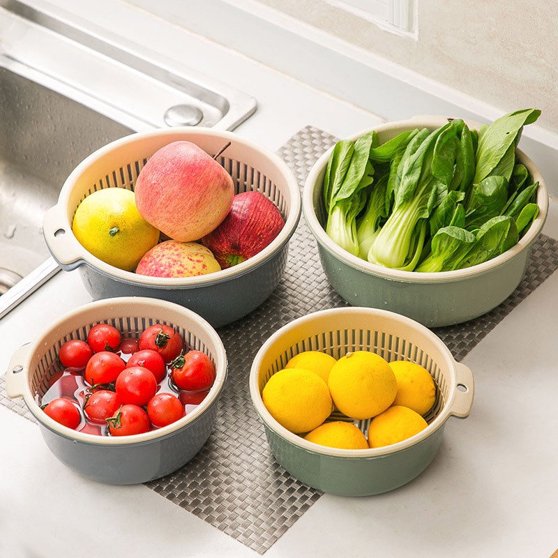 Set 6 món rổ kèm chậu ,bộ 3 rổ và chậu - Set bộ 3 rổ nhựa, kèm 3 chậu rửa đa năng, tiện dụng đủ 3 size cho nhà bếp, thau nhựa rửa rau củ đựng hoa quả trái cây 2 lớp hình tròn chất liệu nhựa PP