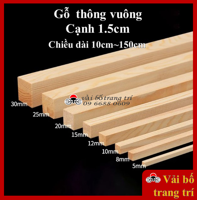 Thanh gỗ vuông, cạnh 1.5cm, thanh gỗ thông vuông, gỗ thông làm handmade, mô hình, decor, treo tường, macrame